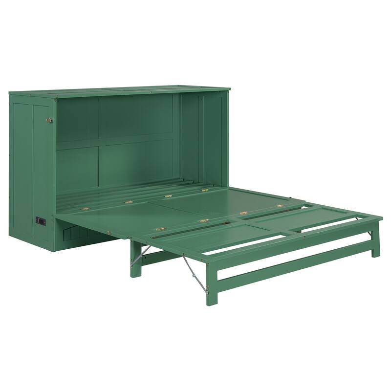 Queen Size Murphy Bed with Built-In Charging Station and Storage Drawer, Antique Gray Finish