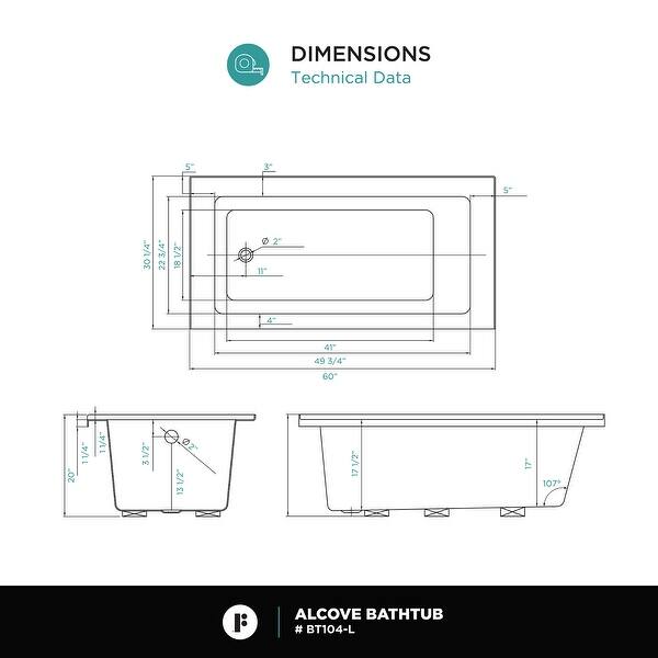 dimension image slide 5 of 6, Fine Fixtures Tile-In White Fiberglass/Acrylic Soaking Bathtub with Built-in Tile Flange