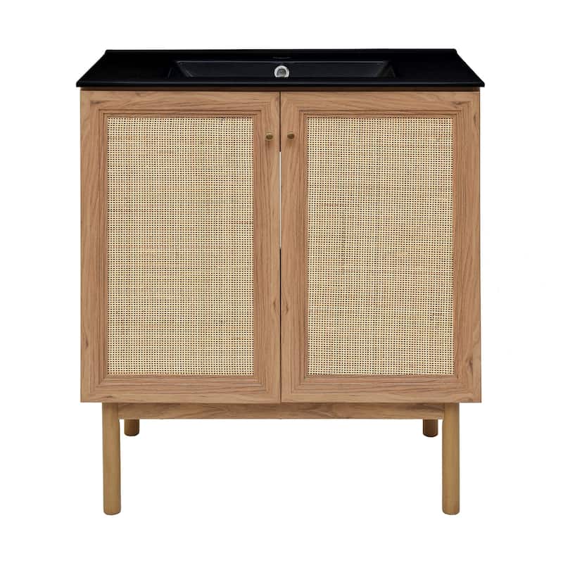 Classe 30 In. Brown Oak Bathroom Vanity With Black Ceramic Sink Top