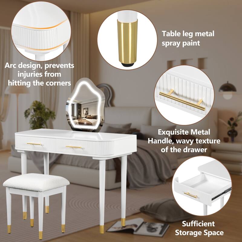 40" Modern Vanity Table Set with Mirror Touch Screen Lighted Mirror, Dressing Table and Cushioned Stool Set with 2 Large Drawers