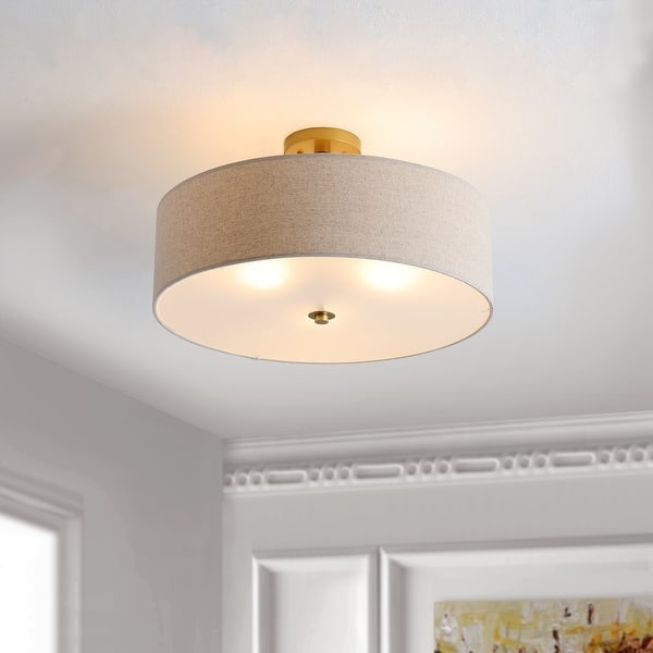slide 2 of 17, SAFAVIEH Lighting Jolana 19.75-Inch 3-Light Flush Mount Ceiling Light - 20" W x 20" D x 12" H Oatmeal/Gold