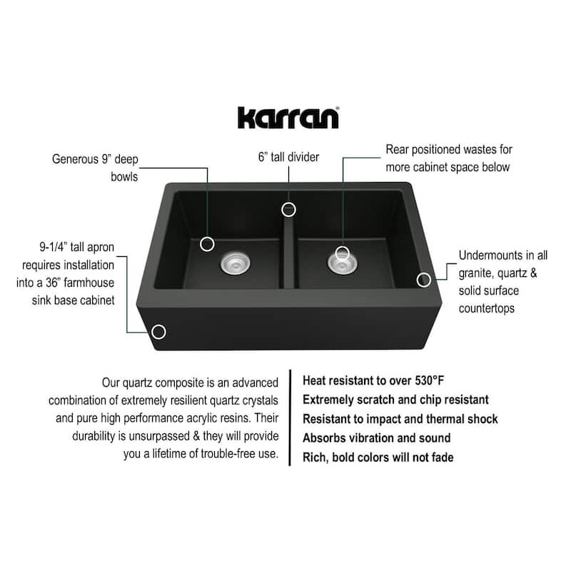 Karran Farmhouse Apron Front Quartz Double Bowl Kitchen Sink