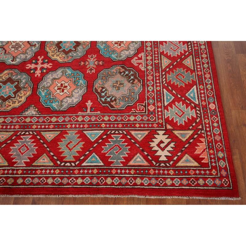 All-Over Red Geometric Kazak Area Rug Handmade Wool Carpet - 6'5" x 9'9"