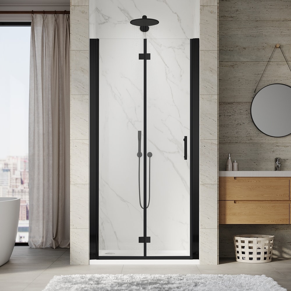 Elegant Bi-Fold Frameless Pivot Swing Shower Door Enclosure with Clear Glass Panel and Hardware Kit
