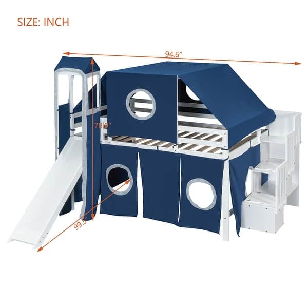 dimension image slide 0 of 2, Full Loft Bed with Castle Tent & Tower and Solid Wood Frame, 400lb Capacity, Playhouse Design