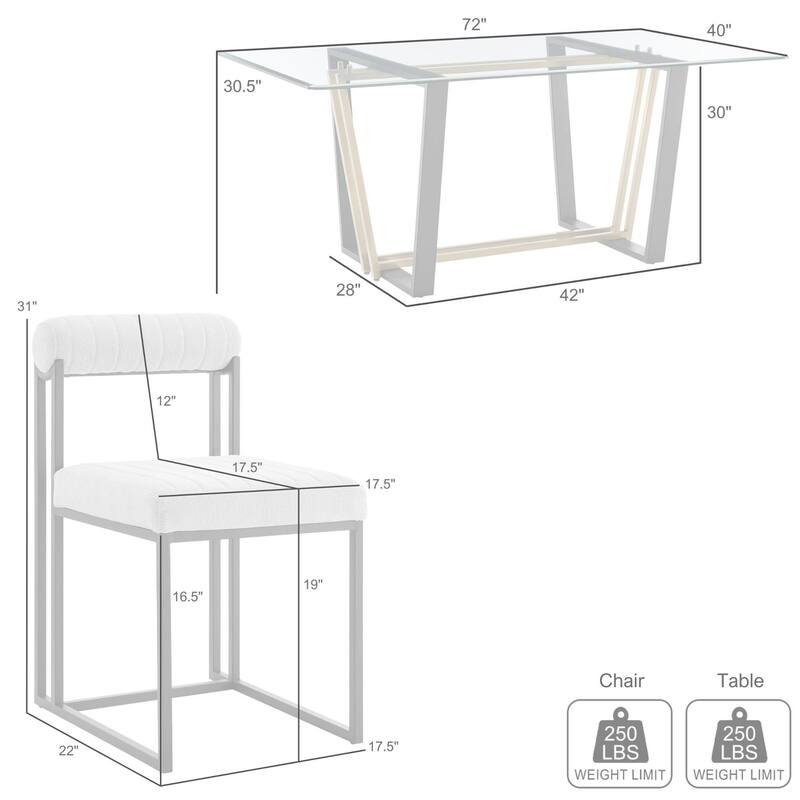 Kai Anastasia 5 Piece Rectangular Glass Dining Table Set with Metal Frame and Upholstered Chairs