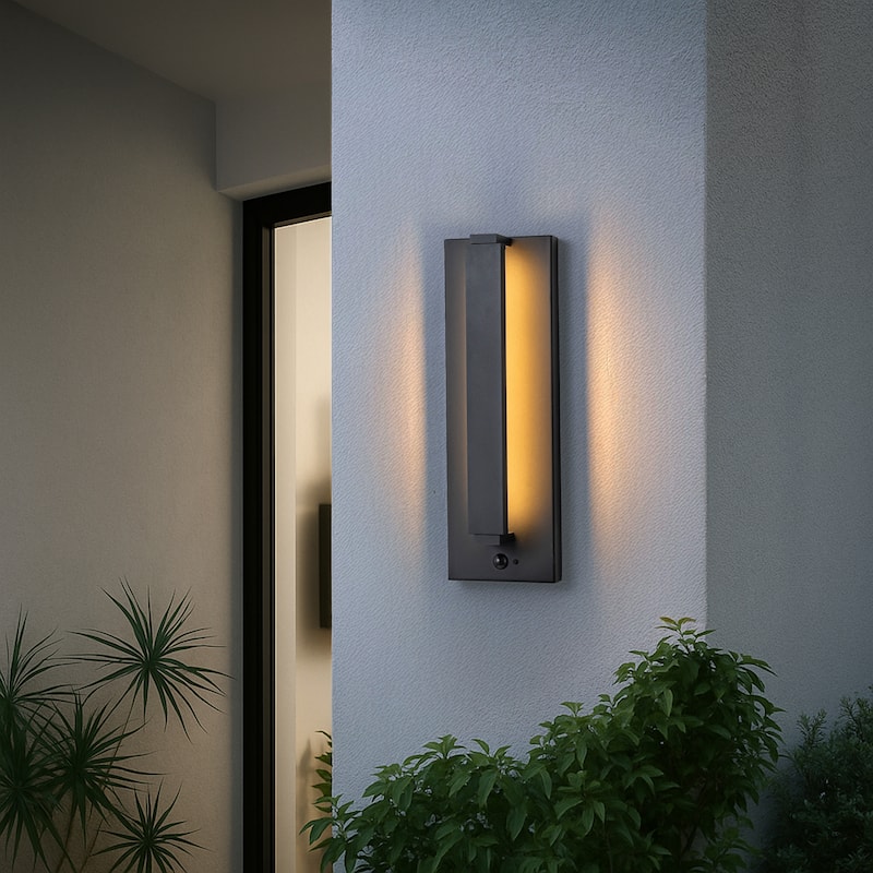 Modern Motion Sensor Outdoor Wall Light Integrated LED Wall Sconce Matte Black Iron Exterior Light Fixture for Porch Garage - H15''