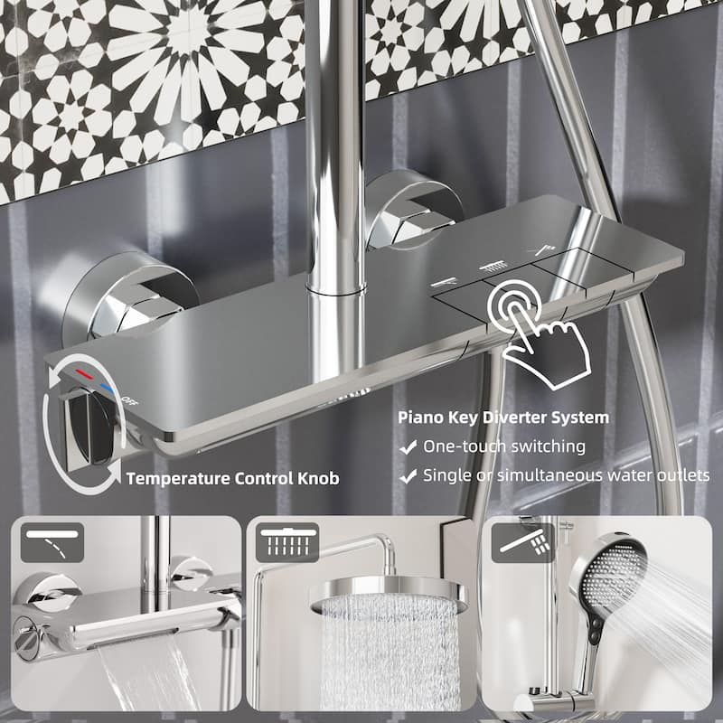 Modland 3-Function 11" Rainfall Shower System, Adjustable Slide Bar, 1.59GPM, Brushed Gold/Chrome