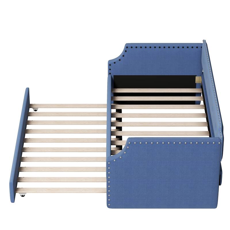 Twin Daybed with Trundle, Upholstered Frame, Wood Slats, Sofa Bed with Extra Sleeping Space