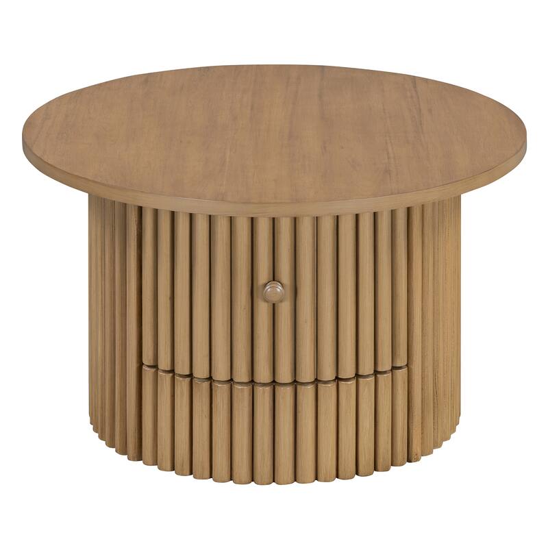 Round Coffee Table for Living Room in Natural, Farmhouse Coffee Table with a Drawer, Center Table with Vertical Slat Ba