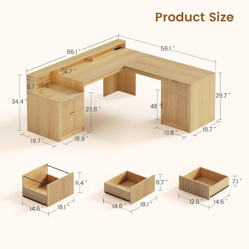 66" L Shaped Desk Drawers Home Office Desk File Cabinet Executive Desk