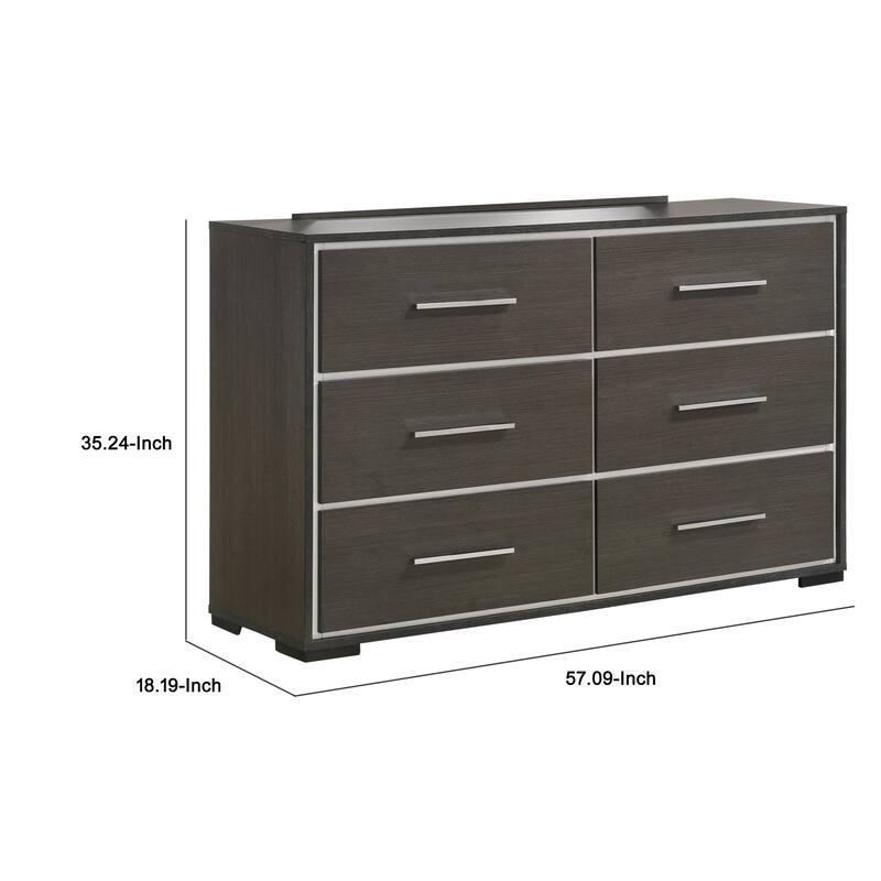 Hez 2pc Dresser and Mirror Set, 6 Drawers, Silver Trim, Modern Dark Brown