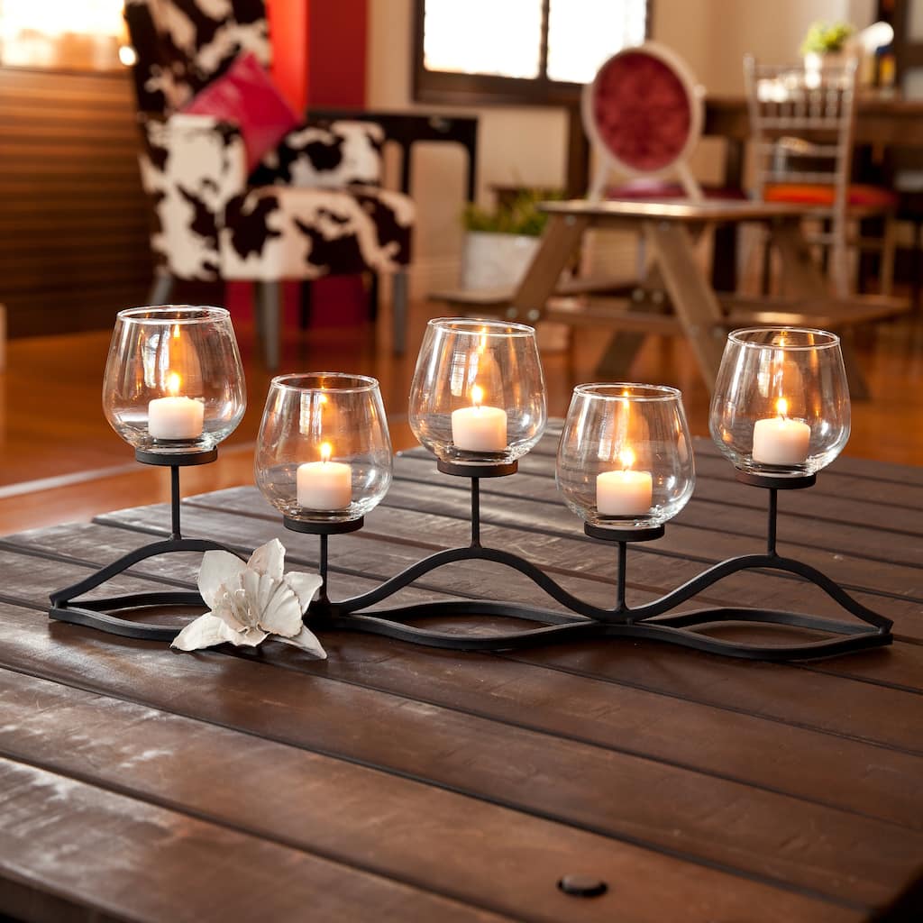 5 Candle Glass Hurricane Candle Holders with Curved Frame - 22" - Black