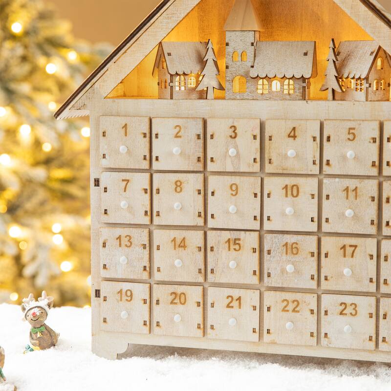 Glitzhome Christmas Wooden LED Farmhouse Countdown Advent Calendar with Drawer