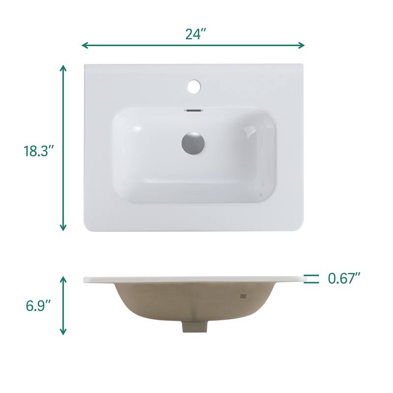 GDFStudio - Integrated Ceramic Basin for Bathroom Vanity, One-Piece Glossy Sink, Pre-Drilled without Drain Assembly