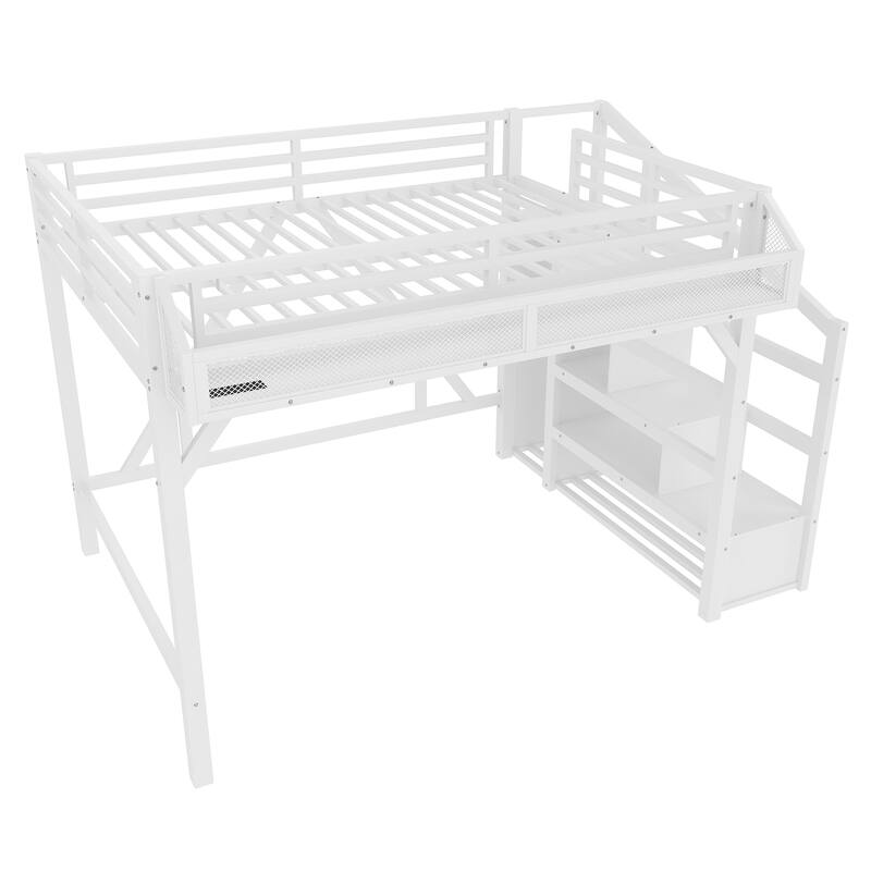 Roomfitters Metal Loft Bed with Wardrobe and Storage Stairs, LED Lights and USB