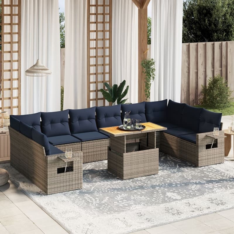 vidaXL Patio Sofa Set with Cushions Outdoor Furniture 11 Piece Poly Rattan - 24.4 x 24.4 x 27.2 - Grey-Table+2x corner+6x middle