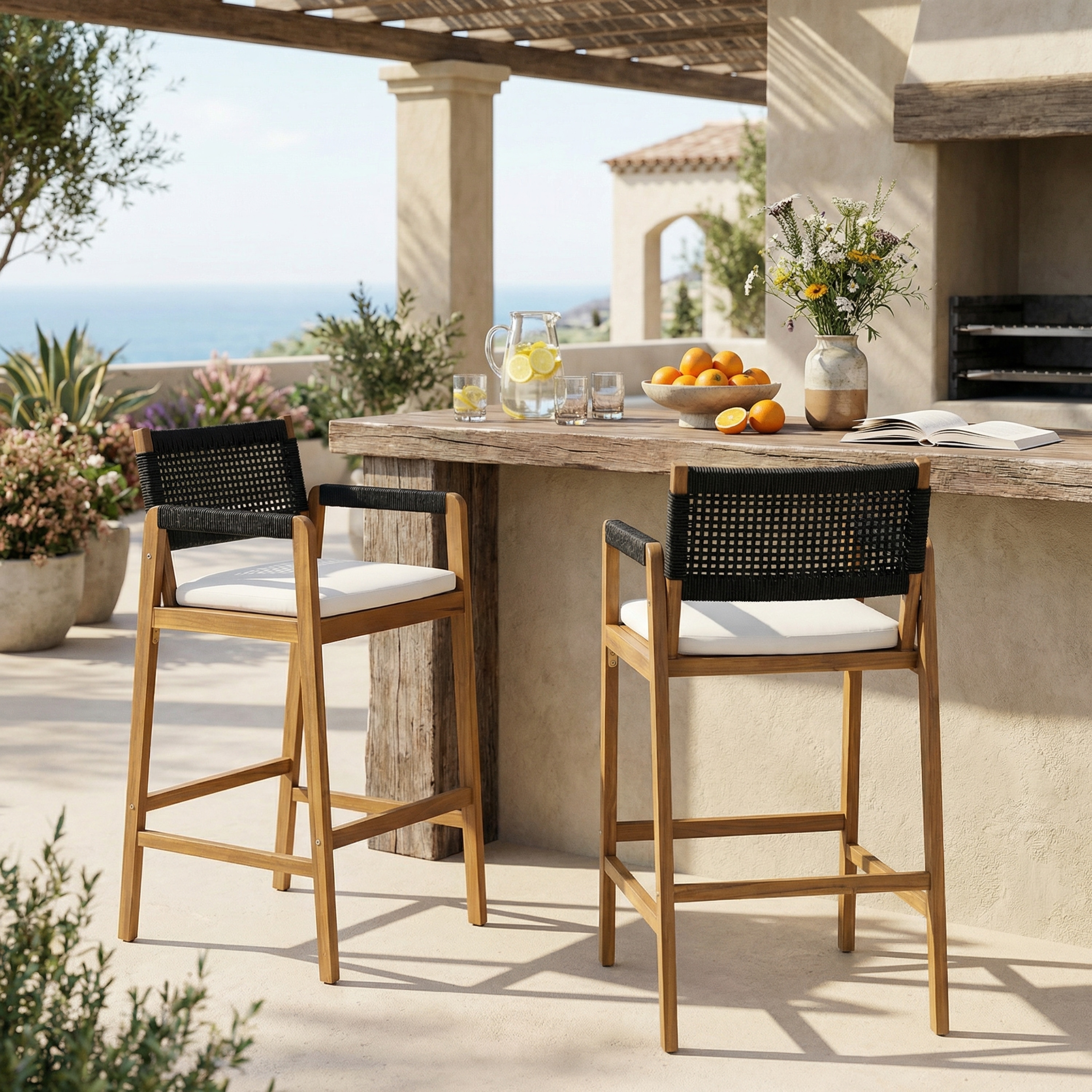 Christopher Knight Home - Malibu Outdoor Bar Stool Set Acacia Wood with Rope Back and Water-Resistant Cushions