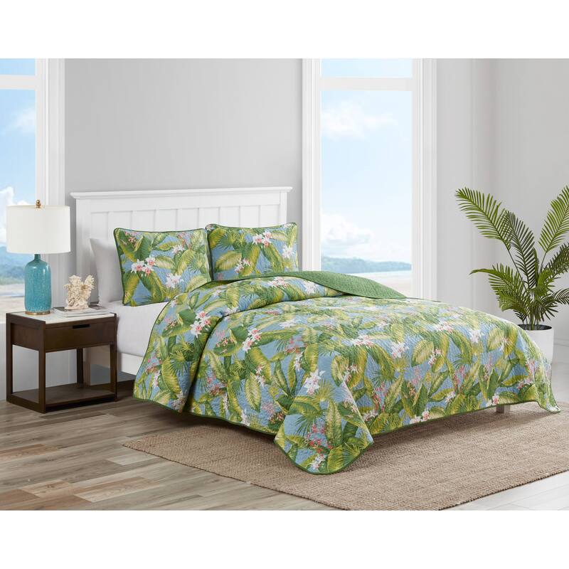 Tommy Bahama Aregada Dock Tropical Foliage Soft Textured Quilt (Blue, 3 Piece Set)
