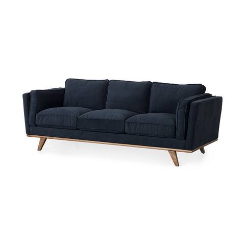 Brooks Navy Blue Fabric Three Seater Sofa w/ Medium Brown Solid Wood Legs - 90.1"W x 34.8"D x 33.4"H