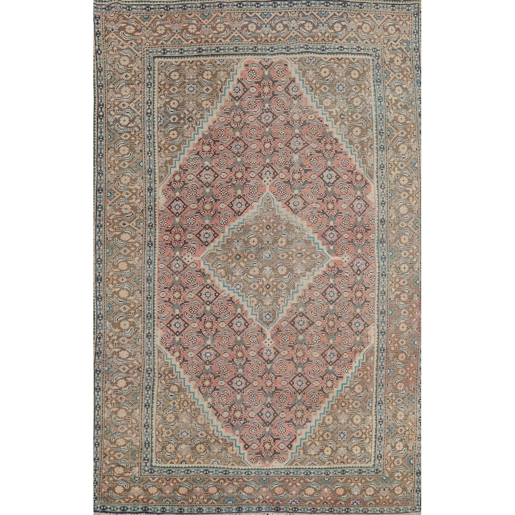 Pink Geometric Tabriz Persian Vintage Rug Hand-Knotted Wool Carpet - 6'7"x 9'9"