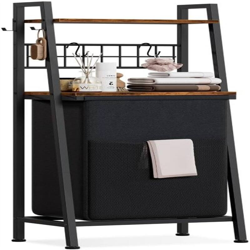 Laundry Hamper with Wooden Shelf and Hooks, - 16.5"L x 11.8"W x 44.1"H - 16.5"L x 11.8"W x 44.1"H - Black + Rustic Brown