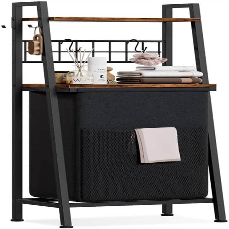 Laundry Hamper with Wooden Shelf and Hooks, - 16.5"L x 11.8"W x 44.1"H