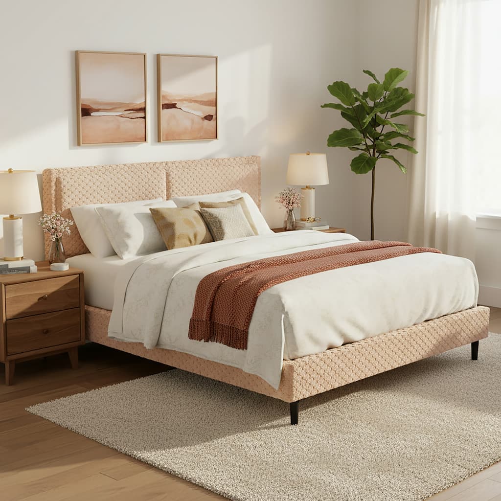 Christopher Knight Home - Thalassian Plush Upholstered Bed with Solid Wood Frame and Headboard