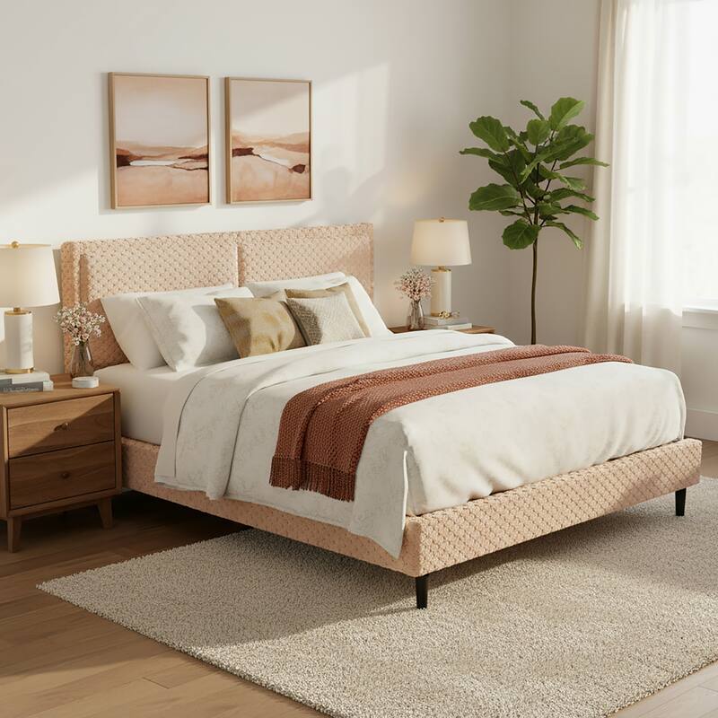 Roomfitters King Modern Plush Upholstered Bed Frame, Soft Padded Backrest