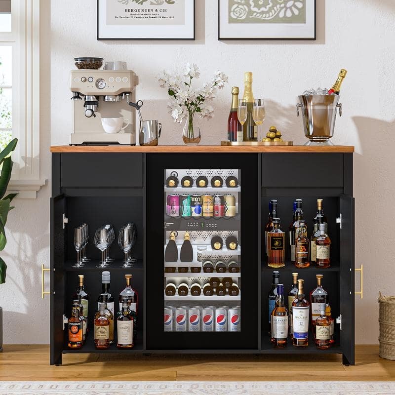 BOSSIN 53.23" Wine Bar Cabinet with Charging Station, Fluted Design, Fits 20" Wine Fridge, Adjustable Shelves for Kitchen