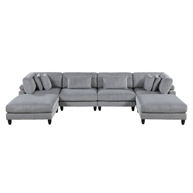 6pc Gray Corduroy Modular Sectional Set - 2 Armless Chairs, 2 Corner Seats, 2 Ottomans with Pillows