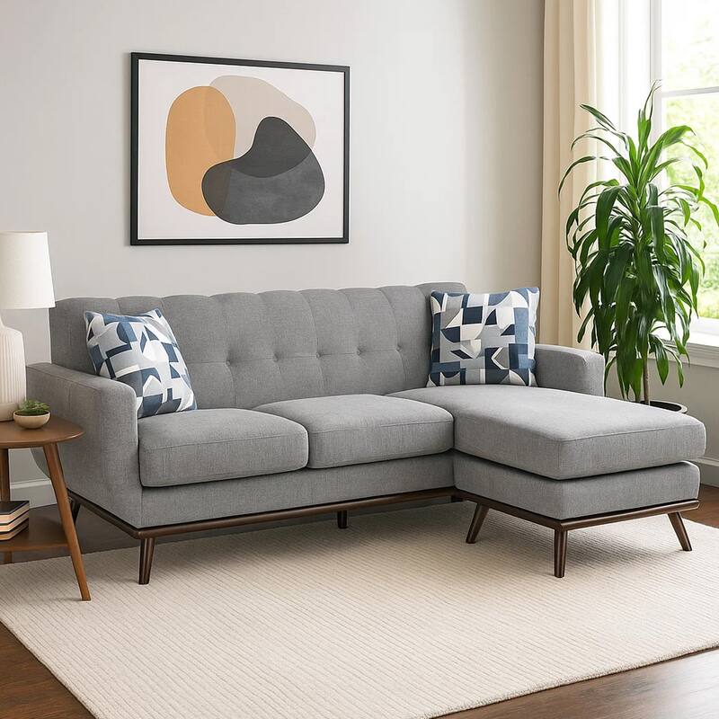 Keto 87 Inch Reversible L Shape Sofa With Chaise, 2 Pillows, Gray Chenille