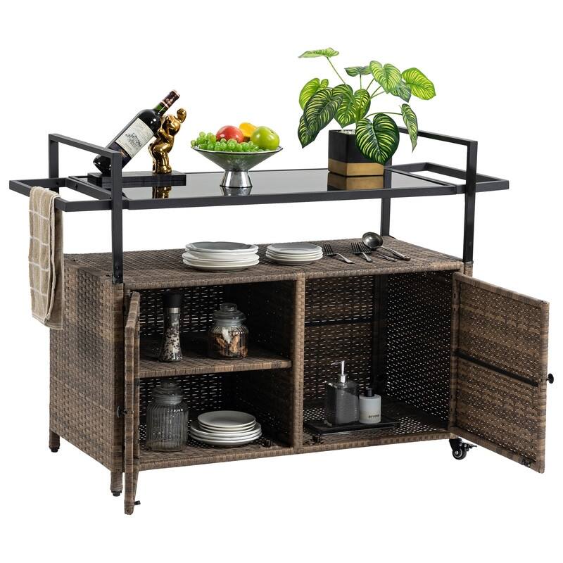 Patio Wine Serving Cart w/Wheels for Porch Backyard - Light Brown