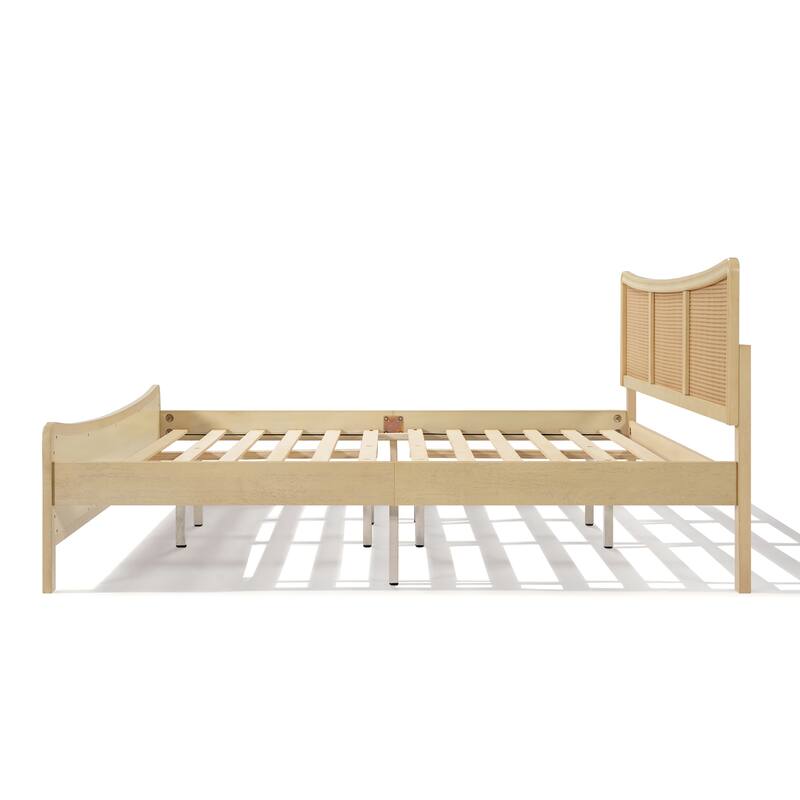 Christopher Knight Home- Celestine Curved Rubberwood Bed Frame with Rattan Headboard