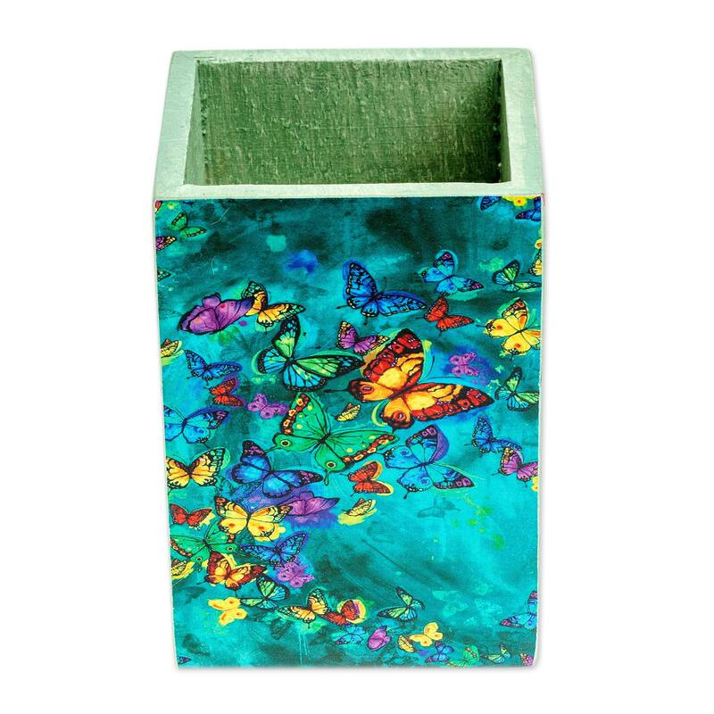Novica Handmade Paradise Butterflies Decoupage Pencil Holder