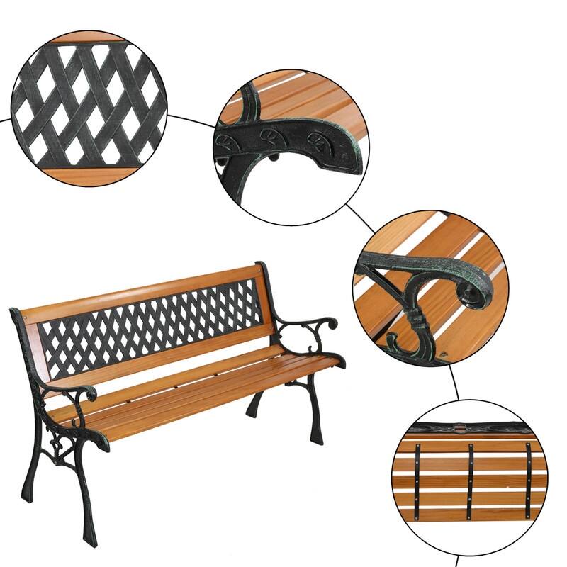 49" Patio Porch Chair Deck Hardwood Cast Iron Garden Bench