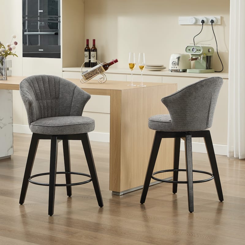 Chenille Upholstery Wing Back Swivel Bar Stools w/ Wood Legs(Set of 2)