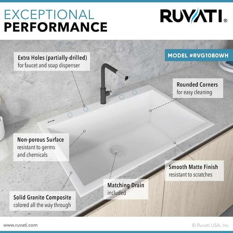 Ruvati 30 x 20 inch epiGranite Drop-in Topmount Granite Composite Single Bowl Kitchen Sink - Arctic White - RVG1030WH