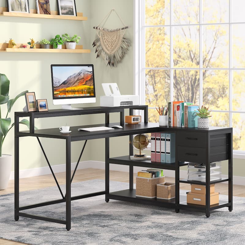 L Shaped Desk with Drawer, Home Office Corner Desk with Storage Shelves and Monitor Stand, Rustic PC Desk for Small Space - Black