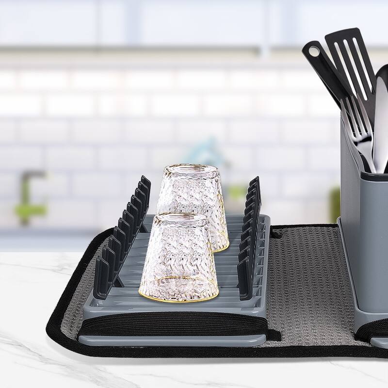 Outdoor Camping Gear Countertop Dish Rack Set with Sponge Drying Mat