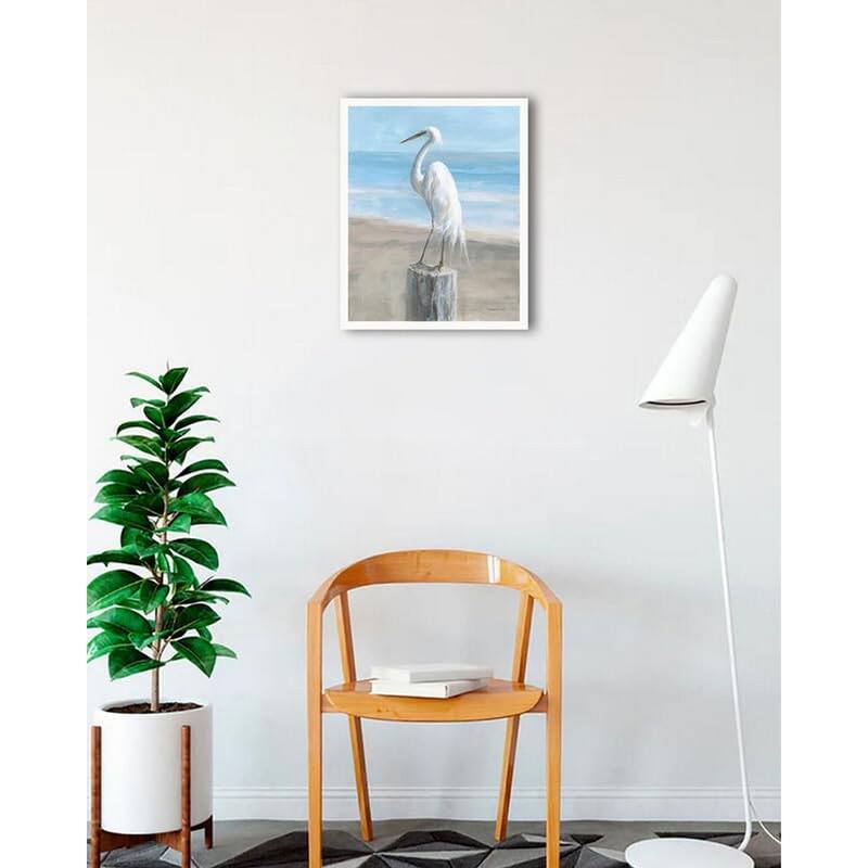 Egret by the Sea Framed Poster - 18 x 24 Inch - White