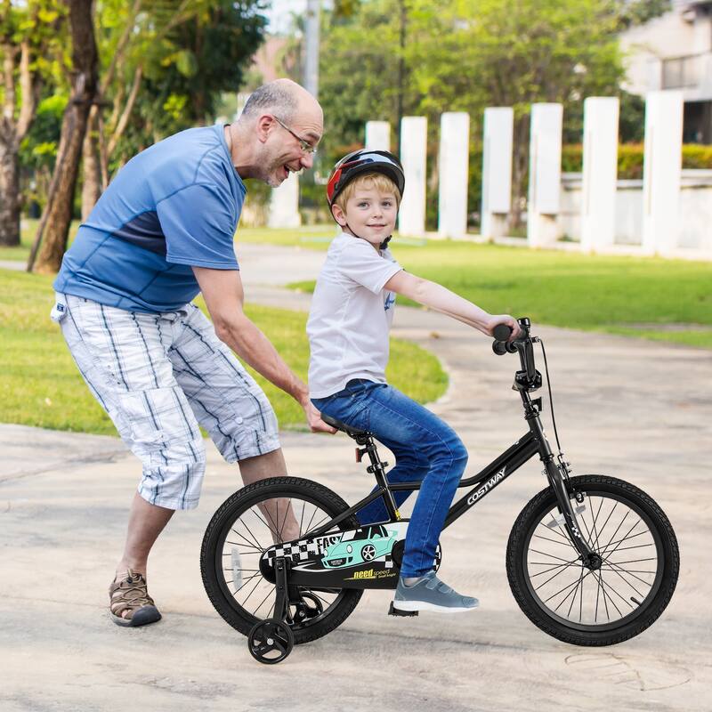 Black Kids Adjustable Bike with Training Wheels and Enclosed Chain Guard Dual Brake System
