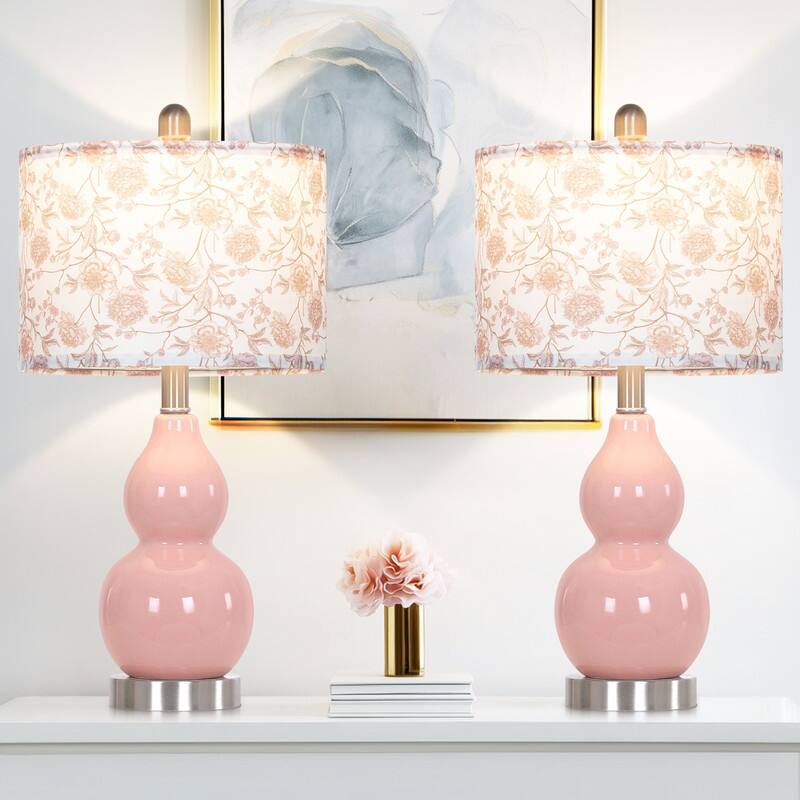 22'' Table Lamps, Pink Ceramic Fixture 2-Way Rotary Switch Floral Print Shade(Set of 2) - 11'' x 11'' x 22''