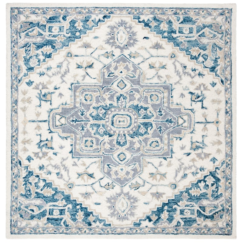 SAFAVIEH Handmade Micro-Loop Gulseven Medallion Wool Rug - 5' Square - Ivory/Navy