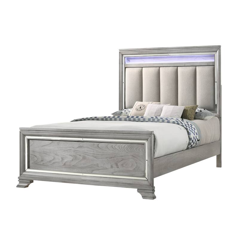 Evonne 5 Piece Gray LED Upholstered Panel Bedroom Set
