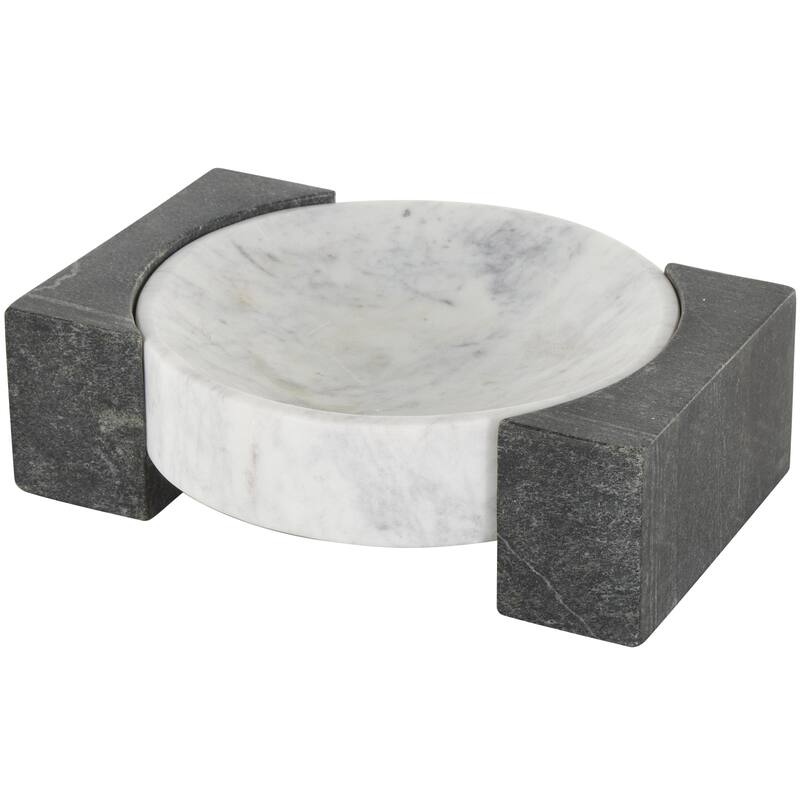 Marble Geometric Round Tray with Black Rectangular Blocks - White - Roche River Decor - White - 10"W, 3"H