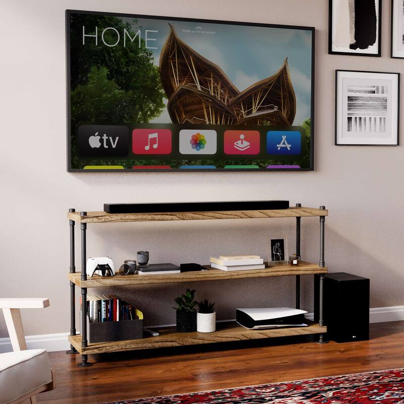 60" Hanging Bookshelf for Living Room Decor, Multi Tier Pipe Shelf Bracket, Real 1.5" Thick & 14" Deep Wood Boards, Farmhouse - 3 Boards - 3 Tier