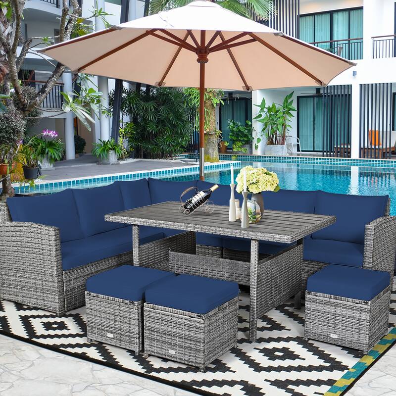 Costway 7 PCS Patio Rattan Dining Set Sectional Sofa Couch Ottoman - See Details - Navy