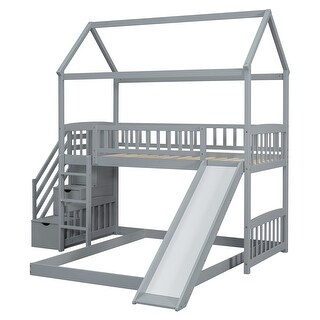 House Bunk Bed with Slide and Stair, Wooden Twin Over Twin Bunk Platform Bed with 2 Storage Drawers and Roof for Kids