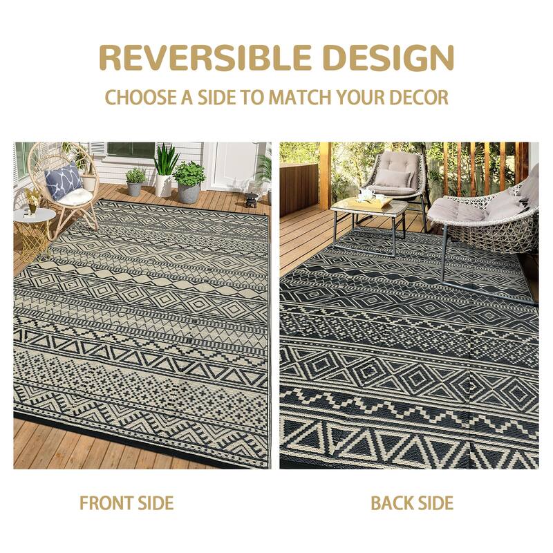 Outdoor Rug Waterproof Patio Rug Mat Geometric Rug Plastic Straw Outside Rug for RV Camping Picnic Reversible Rug